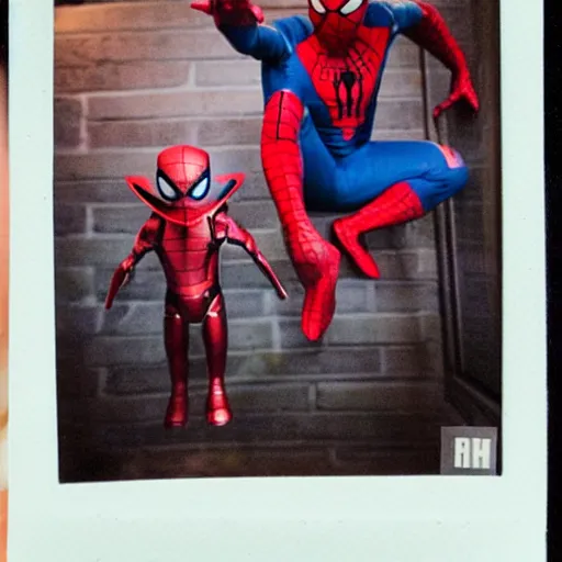 Image similar to a single iron man and spider - man hybrid, dslr, polaroid