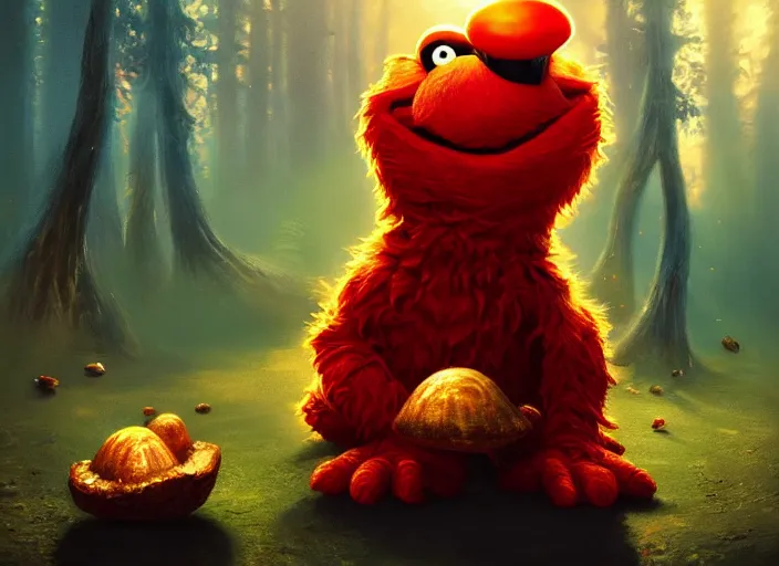 Image similar to elmo eating magic mushroom, golden hour, fantasy, sharp focus, digital art, hyper realistic, 4 k, unreal engine, highly detailed, hd, dramatic lighting by brom, trending on artstation