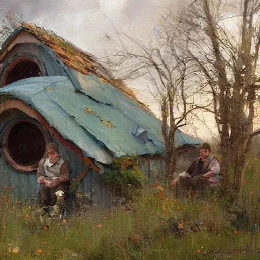 Prompt: Richard Schmid and Jeremy Lipking full length portrait painting of a cozy hobbit house in the shire