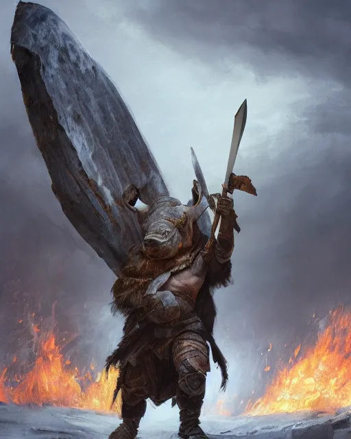 Image similar to oil painting of Anthropomorphized Rhino Warrior, wearing fur cloak, sharp focus, holding gigantic burning Axe, warrior clothes, heroic pose, dramatic artwork, fantasy style, octane render, volumetric lighting, 8k high definition, by greg rutkowski, highly detailed, trending on art Station, magic the gathering artwork, burning fire Battlefield background, centered