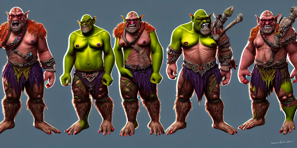 Image similar to different views of orcs, colourful intricate!! concept art by senior character artist, trending on artstation, full body character design