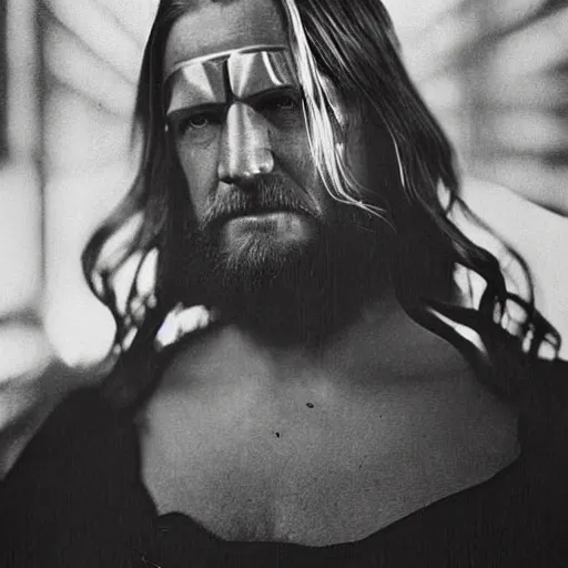 Image similar to black and white photograph the marvel thor portrait dramatic lighting by Walker Evans