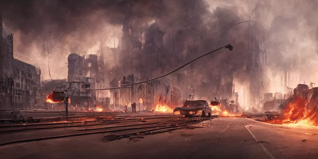 Prompt: a photo of a city after a apocalyptic war, fire from some windows, ethereal light, 15mm lens, cars crashed, traffic light on, train station explosion, futuristic cathedral in the center of the road, photorealistic, octane render, 4k, specular light, shallow depth of field, harsh light, concept art, artstation, highly detailed, art by john salminen, ivan shishkin, kim keever, pierre pellegrini, sorayama, ash thorp