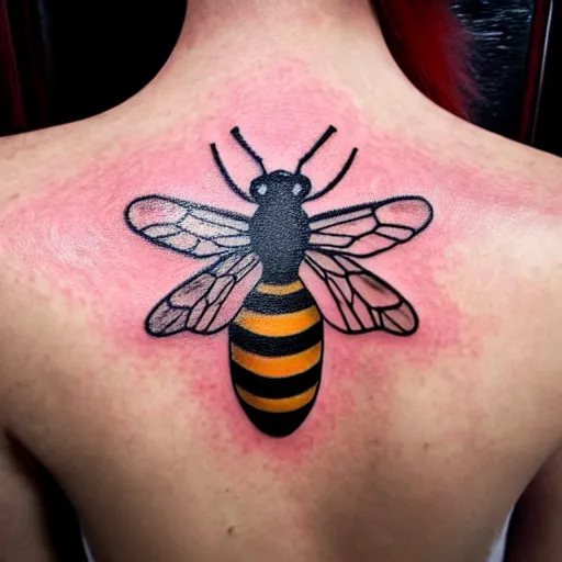 Image similar to a tattoo of bee movie on the beautiful back of a woman with crimson - red hair, anonymous, cinematic lighting, beautiful composition