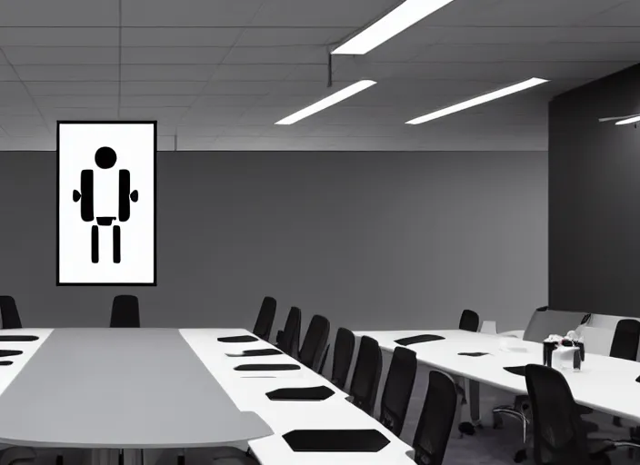 Prompt: A business meeting room. there are ONLY 2 people in the room. the first is a severed human head. flying human head. The head is Hovering with no body. the second person is the room is a Robot. there are no more people in the room.