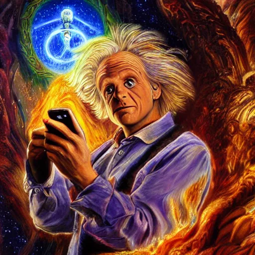 Prompt: doc emmett brown by josephine wall, scientist riding ram, flying ram, golden ram, scientist checking his phone, erupting volcano in distance, flowers in foreground, sun setting on right side of image, stars in sky on left side of image, trending on artstation, fantasy, intricately detailed