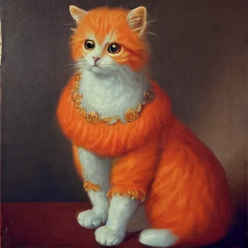 Prompt: baroque portrait of an orange fluffy cat in regal clothes