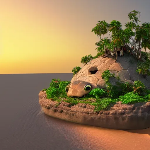 Image similar to turtle island. island on the back of a turtle. semi-realistic. 4k. render. trending on artstation