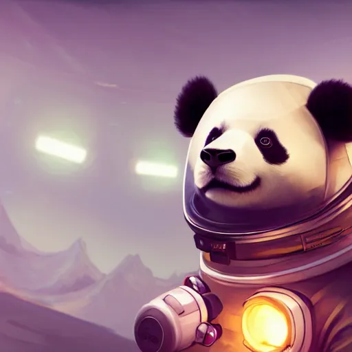 Image similar to a adorable panda in an astronaut suit in space, warm lighting with cool shadows, digital painting, detailed, trending on artstation, nebulas in background, in the style of dominik mayer thomas dubois, gaston bussiere, 8 k, octane render