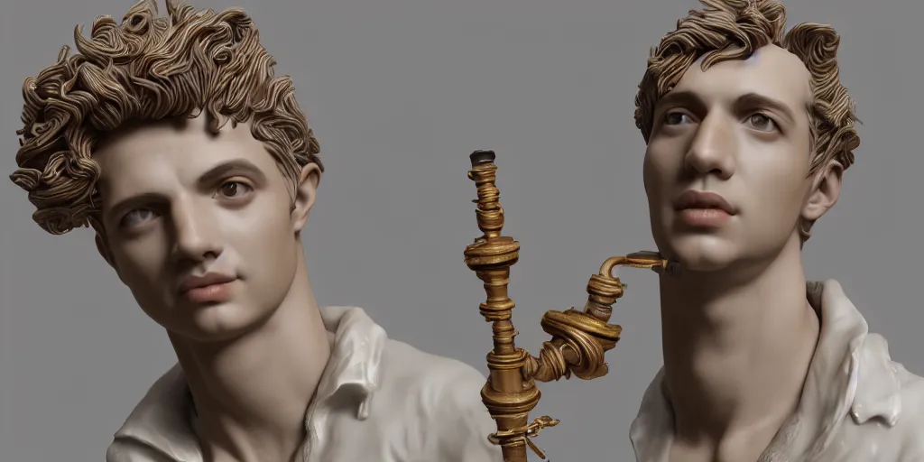 Image similar to a perfect porcelain Baroque style bust of handsome young Spanish man with pipe cleaners coming out of the neck, photorealism, octane render, depth of field, 8k, 35mm, artgem, Trending on artstation
