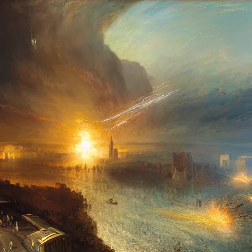 Image similar to highly detailed painting of alien androids attacking washington dc and american army, by william turner, by greg rutkowski, by william constable, thick brush strokes and visible paint layers, 4 k resolution
