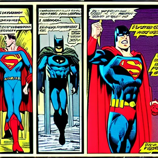 Prompt: comic book panels, batman, superman, epic, crisis on infinite earths, george perez, neal adams
