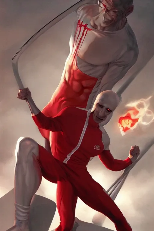 Prompt: zoomed out view of a very skinny white man super villain that wears a red adidas track suit and wields two oars as weapons, comic book art by artgerm and alex ross, featured on artstation, cgsociety