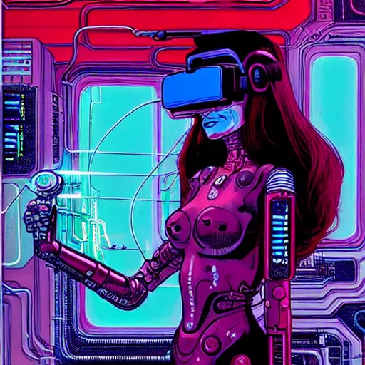 Image similar to a portrait of a beautiful cybernetic woman wearing virtual reality headset, cigarette in mouth, wires, cyberpunk concept art by josan gonzales and philippe druillet and dan mumford and enki bilal and jean claude meziere