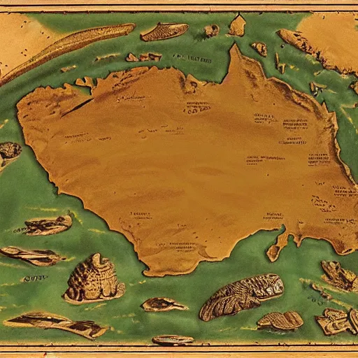 Prompt: recently rediscovered map of ancient Australia, 8k scan, colorized