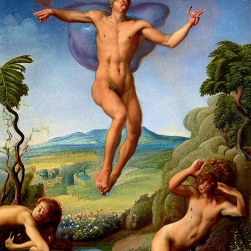 Image similar to Eve star-jumping in the Garden of Eden. God is wearing a concerned frown