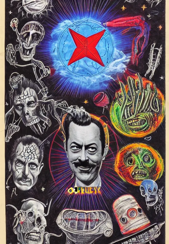 Image similar to subgenius, x - day, aliens, weird stuff, occult stuff, devil stuff, medical diagram, colorful, stained paper, hyperrealism, stage lighting