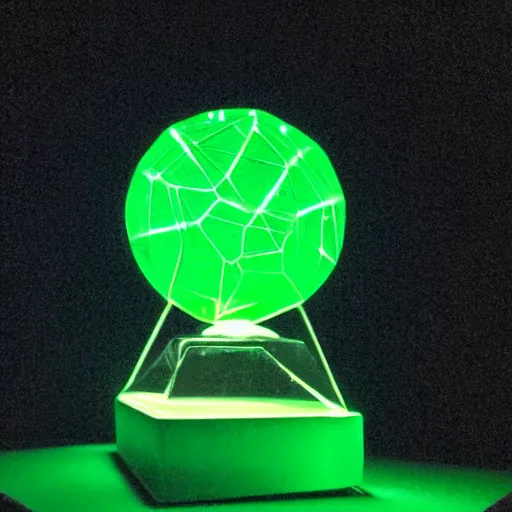 Prompt: glowing green polygonal emerald crystal ball in the dark