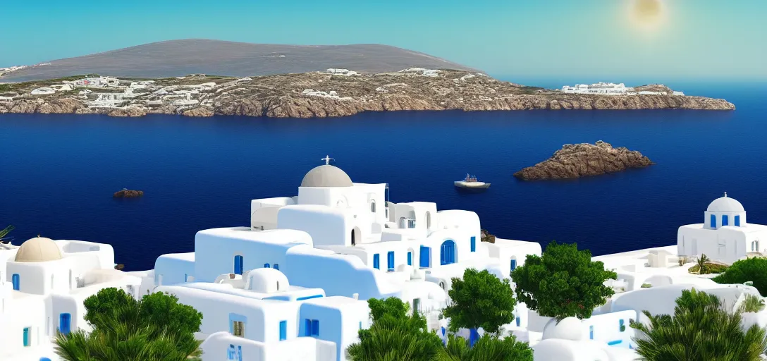 Image similar to beautiful peaceful grecian landscape in summer, blue skies, hills in the far background distance, sea reflecting of the sun, white buildings, mykonos, cinematic lighting, soft glow, wide angle, focus, 3 d artstation render, unreal engine