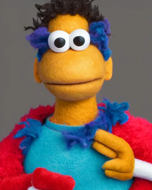 Prompt: steven gomez as a muppet. highly detailed felt. hyper real photo. 4 k.