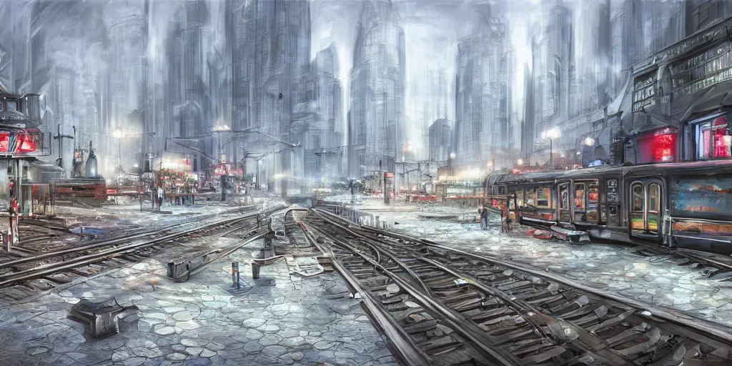 Image similar to 2 0 4 5 train station city landscale, concept art, illustration, highly detailed, artwork, hyper realistic, painting