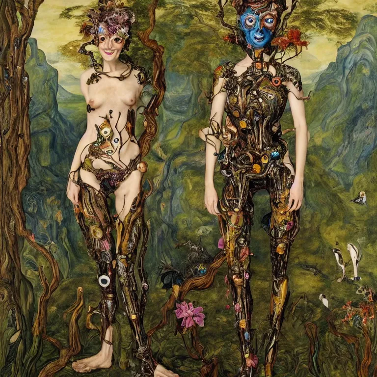 Prompt: a grinning dryad lady wearing a catsuit, who looks like a cybernetic alien stands pround in the middle of a river valley. around her are tropical birds and orchids and she is wearing an iris van herpen dress. painted by jan van eyck, egon schiele and max ernst, trending on artstation, 8 k, award winning, high octane