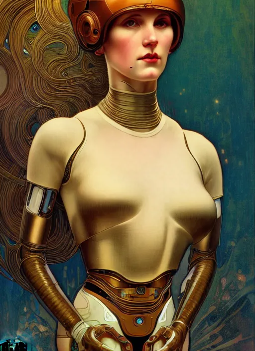 Image similar to portrait of a beautiful female android, coy, circuitry visible in head, in the style of ex machina, digital painting, karol bak, alphonse mucha, gil elvgren, award winning, hr giger, artstation, 8 k