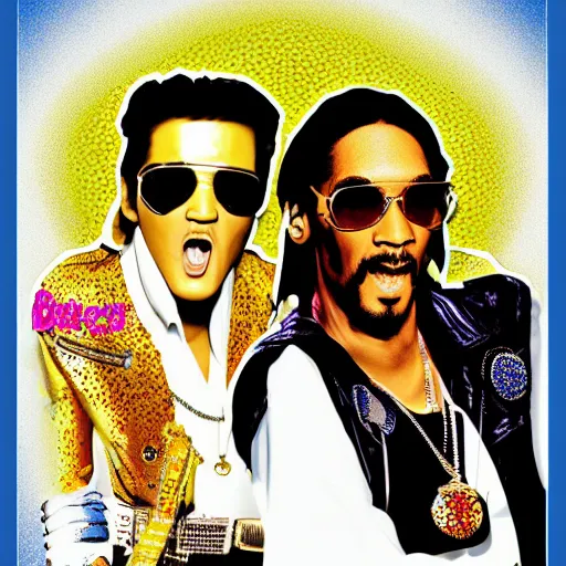 Image similar to elvis presley and snoop dog singing a duet one microphone, in las vegas, detailed, beautiful, colorful, promotional poster, digital art