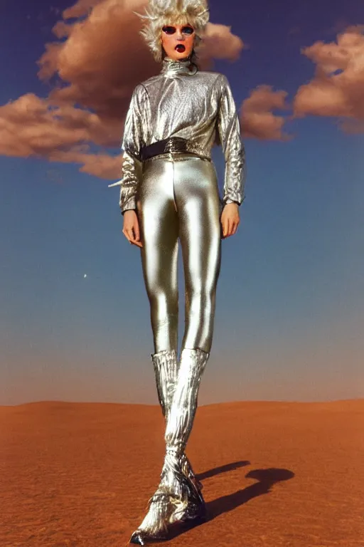 Prompt: portrait davis taylor brown dressed in 1 9 8 1 space fantasy fashion, new wave, shiny metal, standing in a desert