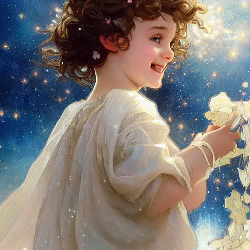 Prompt: a cute little girl with a round cherubic face, blue eyes, and short curly light brown hair laughs as she floats with stars all around her. Beautiful painting by Artgerm and Greg Rutkowski and Alphonse Mucha