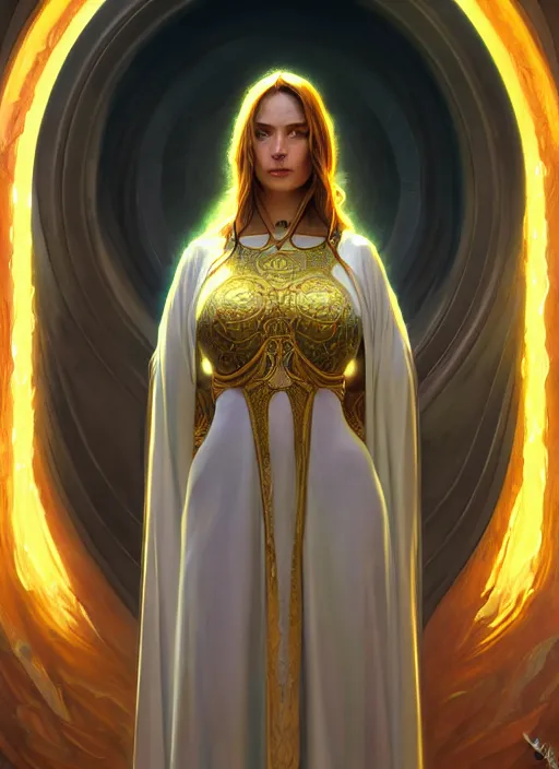 Image similar to portrait of a full body of curvy young female solarpunk priestess in byzantine robes, fantasy, flat lighting, intricate, highly detailed, digital painting, artstation, concept art, smooth, sharp focus, illustration, art by simon bisley and greg rutkowski and boris vallejo and alphonse mucha, natural tpose