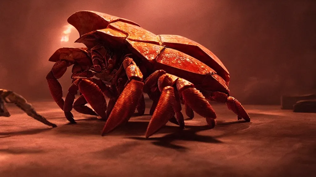 Image similar to a giant hermit crab made of blood and fire floats through the living room, film still from the movie directed by Denis Villeneuve with art direction by Salvador Dalí, wide lens