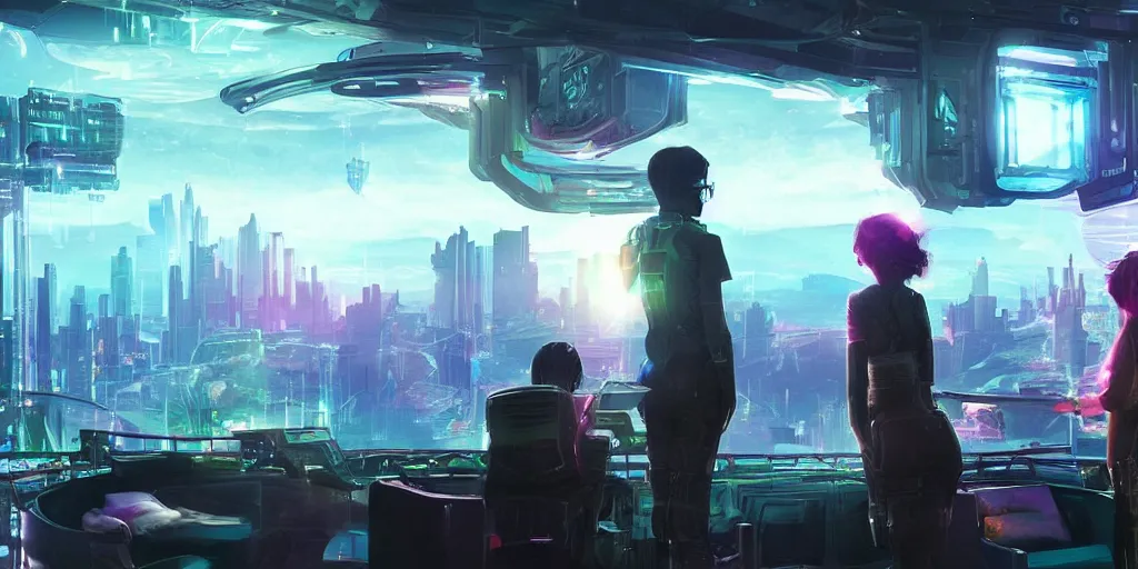 Image similar to a cinematic composition depicting : a translucid crystal being, behind their hud viewing out of their window how a high tech lush solarpunk tribe collaborating with their technologic android helpers encroaching on a distant cyberpunk world at sunrise