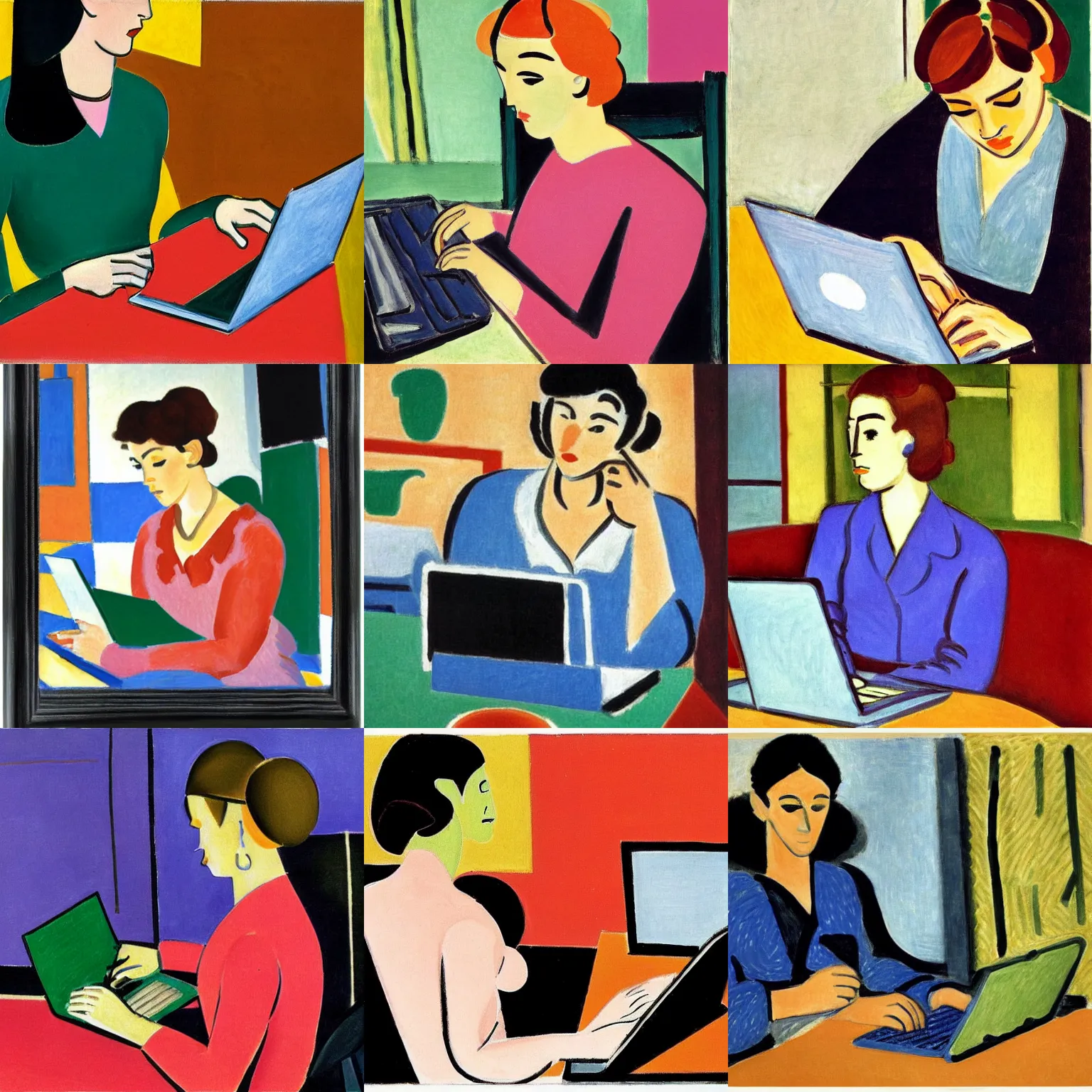 Prompt: close - up of a young woman coding on her laptop, by henri matisse 1 9 3 5. early morning, hot coffee, wondow, sun