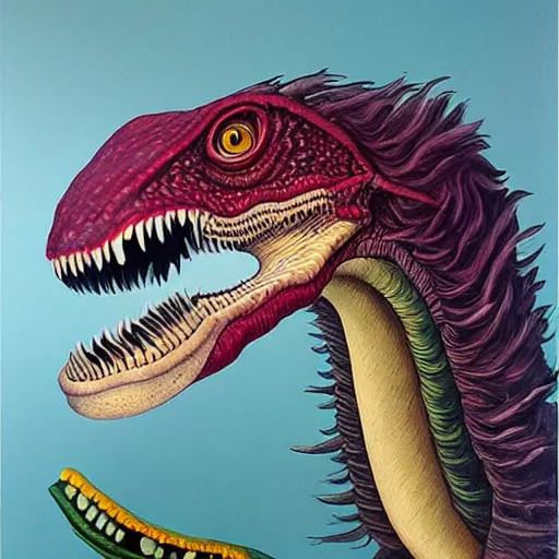 Prompt: portrait of surreal velociraptor, artwork by Daniel Merriam,