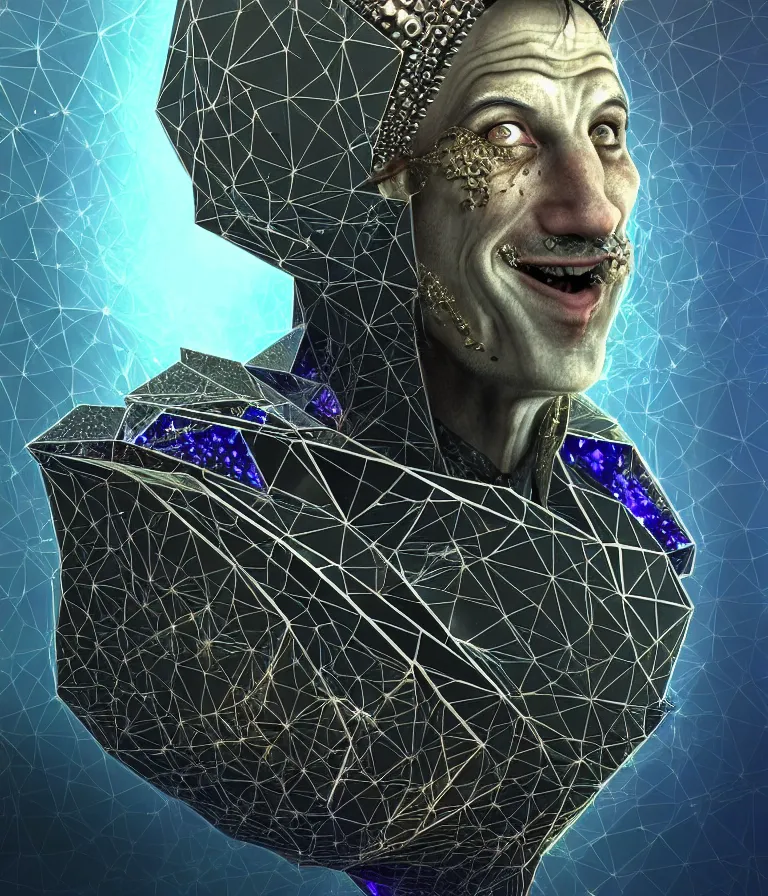 Image similar to front!!! shot of a court jester!!! character, mesmerizing fractal hypercubes, platinum cracked, dark holography!!!, future, metallic galactic, crystalline edges, polygonal, elegant, highly detailed, centered, (((artstation, concept art, jagged, sharp focus, artgerm, Tomasz Alen Kopera, Peter Mohrbacher, donato giancola, Joseph Christian Leyendecker, WLOP, Boris Vallejo))), ((raytracing)), mugshot!!!!!, ugly!!!!!!, octane render, nvidia raytracing demo, octane render, nvidia raytracing demo, octane render, nvidia raytracing demo, 8K, cinematic, masterpiece, fine portrait