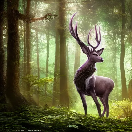 Image similar to photography of an hyper realistic elven, celestial highly detailed stag, in a magical highly detailed forest background. sunlight rays throught the trees. concept art 8 k rendering.