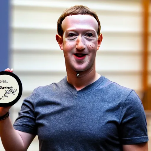 Image similar to mark zuckerberg holding a circular, wooden coaster up to the camera