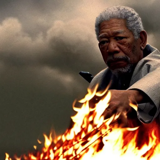 Image similar to cinematic film still of Morgan Freeman starring as a Samurai holding fire, Japanese CGI, VFX, 2022, 40mm lens, shallow depth of field, film photography