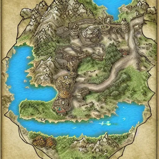 Image similar to RPG fantasy map with castles, mountains and rivers, intricate details, extremely detailed, sharp features