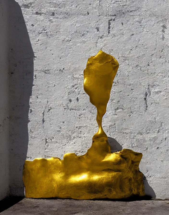 Image similar to vintage color photo of a liquid gold sculpture in a south american back alley with white and gray walls, photography by werner herzog