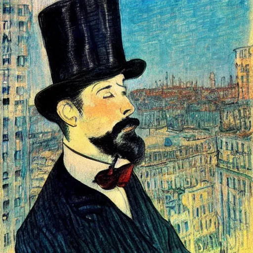 Image similar to A beautiful digital art of a man with a beard and a top hat, looking over a cityscape. by Henri de Toulouse-Lautrec