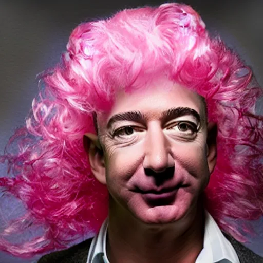 Image similar to jeff bezos wearing a pink wig, studio, medium shot