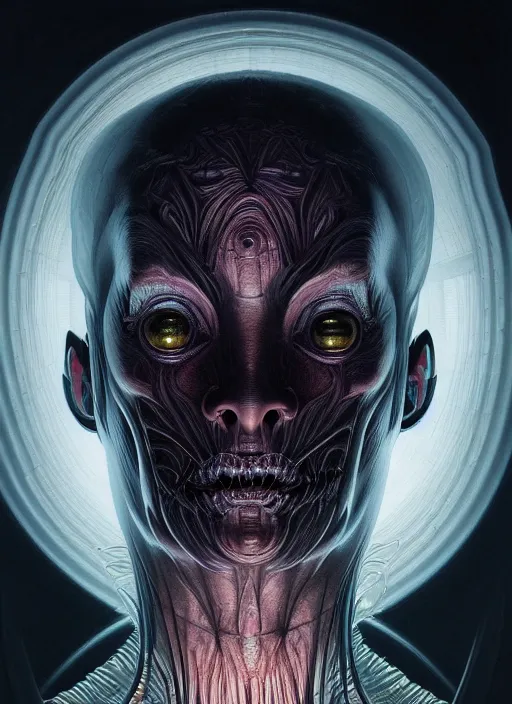 Image similar to symmetry!! portrait of grotesque alien, sci - fi, glowing lights!!, horror, intricate, elegant, dark design, highly detailed, dark lighting, digital art, digital painting, artstation, smooth, sharp focus, illustration, art by artgerm and h r giger and greg rutkowski and alphonse mucha, 8 k