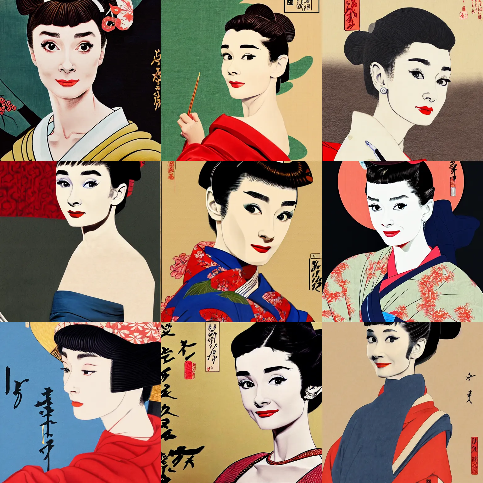 Prompt: painting of audrey hepburn as orian in ukiyo - e art, half body, 4 k, ultra detailed, photo realistic