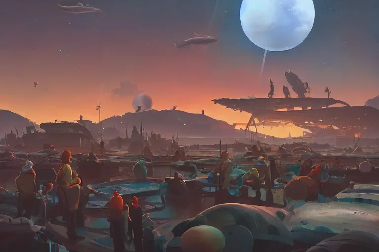 Image similar to crowded exoplanet fish market, big fishes on sale, ringed planet in the sky, dramatic lighting, artstation, matte painting, ralph mcquarrie, simon stalenhag