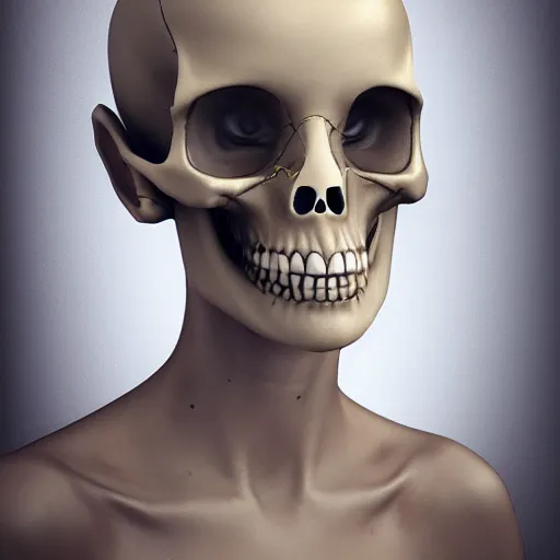 Prompt: a portrait of a woman with a skull text, award winning, trending on artstation, unreal engine