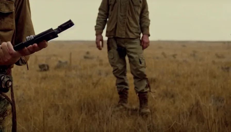 Image similar to lone survivor man holding a radio!! in post - apocalyptic nature landscape. movie screenshot. lush composition by wes anderson, shallow depth of field, cinematic. cinematic composition