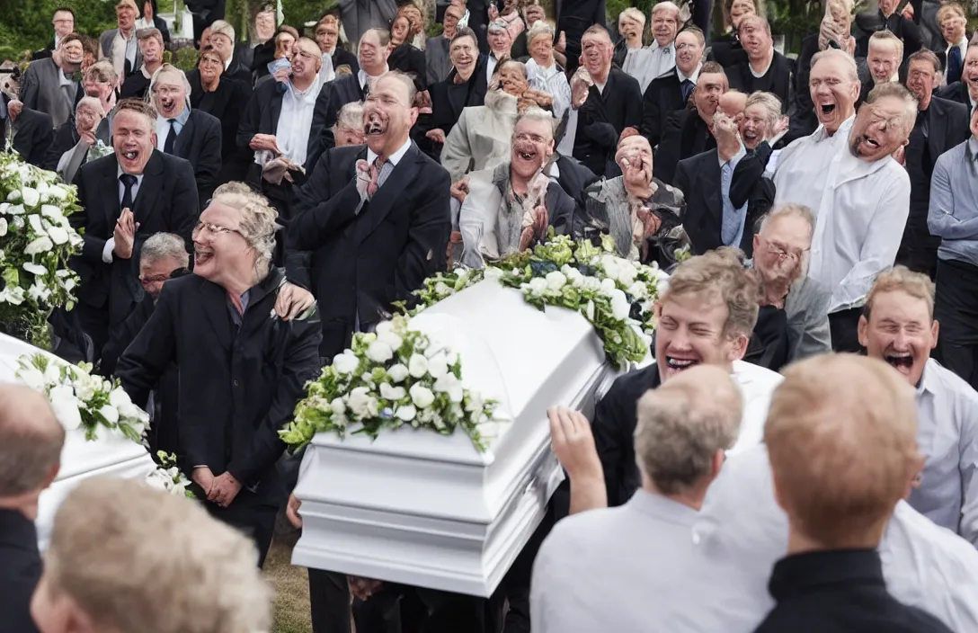 Prompt: a man laughing hysterically at a funeral while everyone looks at him
