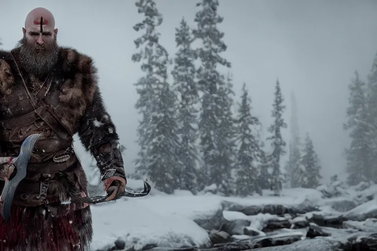 Image similar to vfx movie tough bald man in furs, natural grizzled skin, streaks of red face paint grey beard, dual wielding detailed viking war axes, in snowy tahoe, god of war by emmanuel lubezki